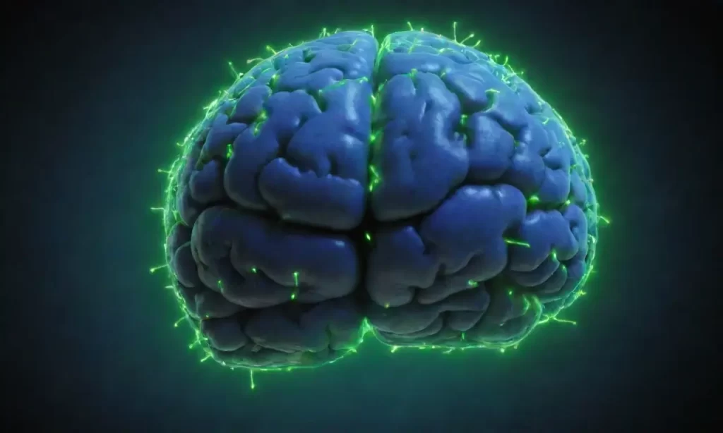 Un mapa cerebral estilizado brilla con circuitos azules y chispas de datos verdes. **Translation:** A stylized brain map glows with blue circuits and green sparking data points
