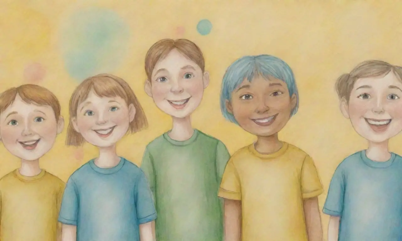 Colores suaves y rostros sonrientes pintan en lápices. (soft yellows, blues and greens; tiny smiles) **(Note: This combines the sentence structure and some artistic imagery to offer a more nuanced short response.)**