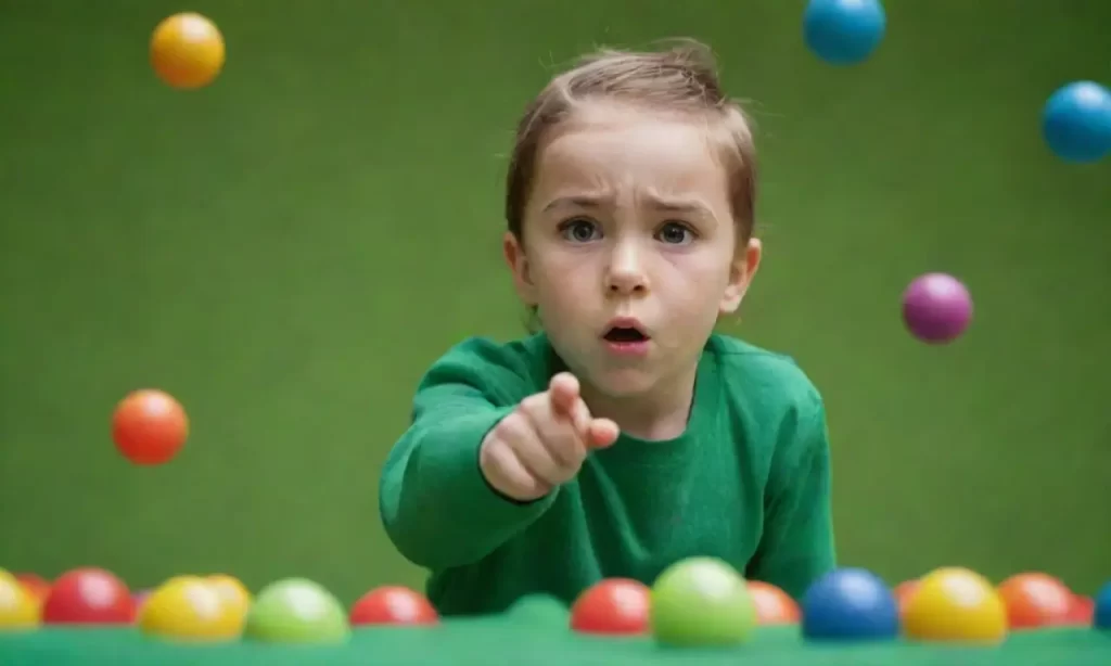 Un niño hace puñetazos imaginarios contra bolas de colores en un fondo verde intenso
