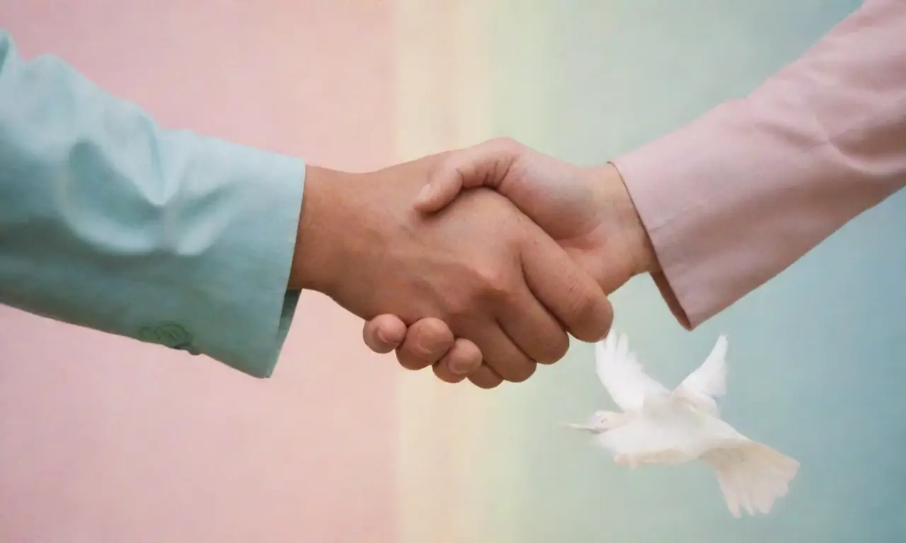 Huesas suaves y diseños abstractos de manos que se sacan a la luz y alas de paloma, reflejan la riqueza de las culturas. **Translation:** Soft pastel colors and Abstract designs of shaking hands and dove wings reflect the richness of cultures
