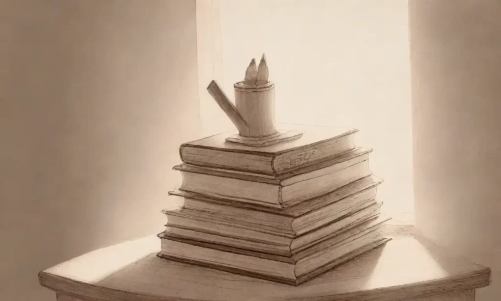 Un lápiz flota sobre una pila de libros escolares