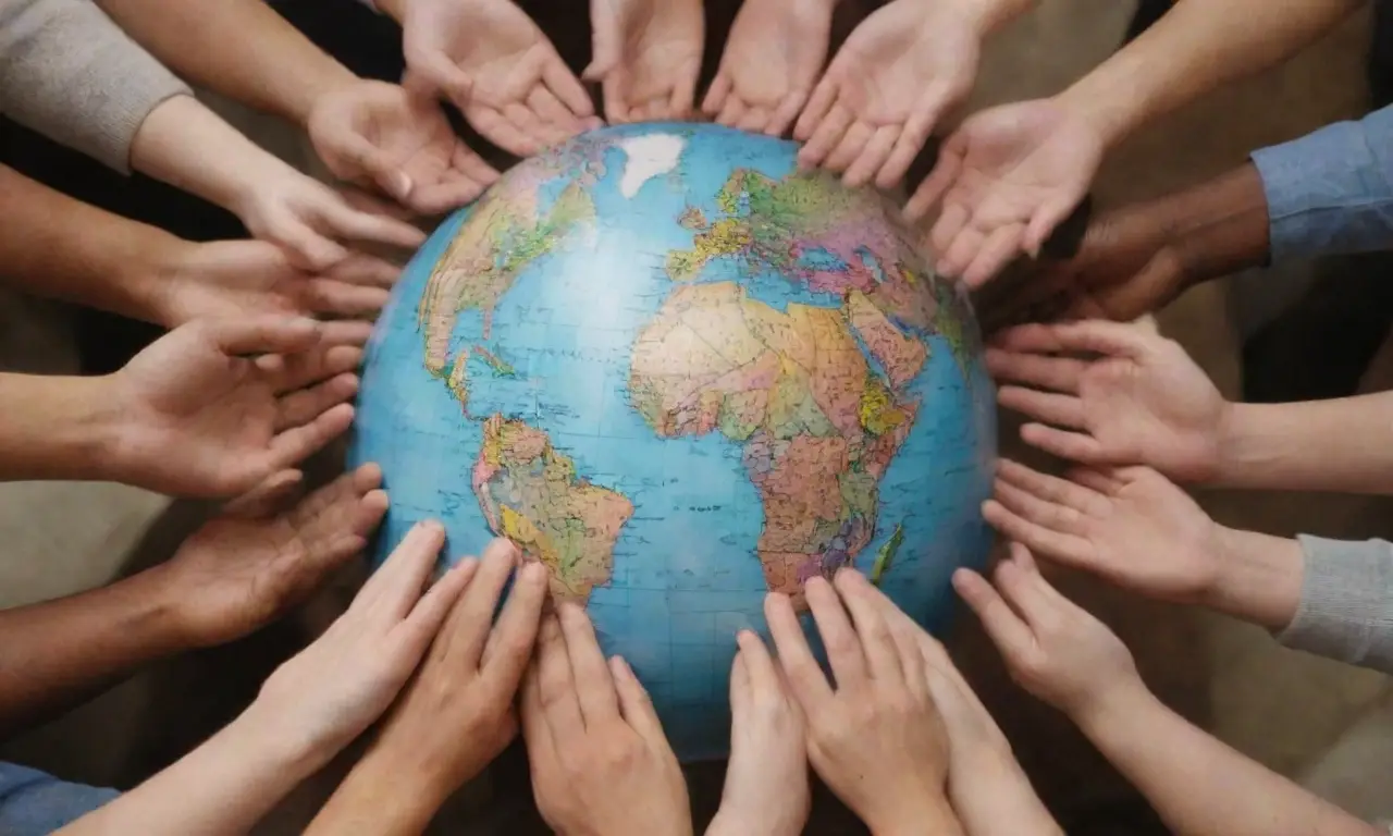 Rostros de esperanza y duda miran a figuras abstractas mientras sus manos se juntan en un globo. (Faces of hope and doubt look at abstract figures as their hands intertwine in a globe.) **Explanation:** This captures the essence of the description while maintaining conciseness