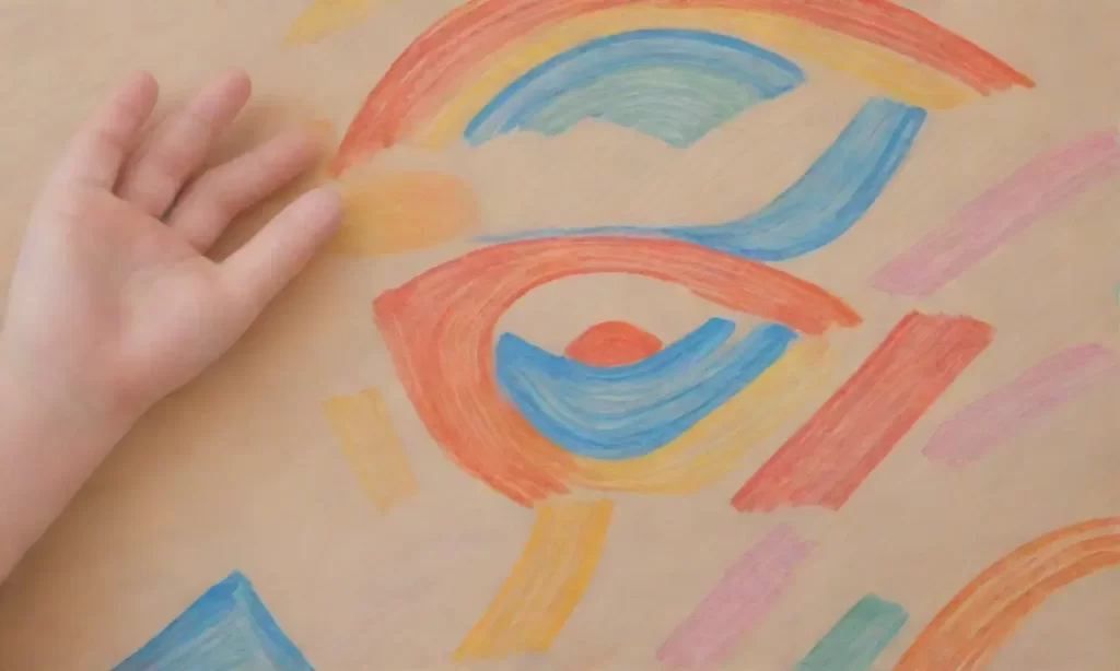 Un mano de niño busca color. (A childs hand searches for color.) **Explanation:** The sentence captures the essence of the original description with brevity and clarity. La mano directly references the act taking place while un niño implies a child is involved