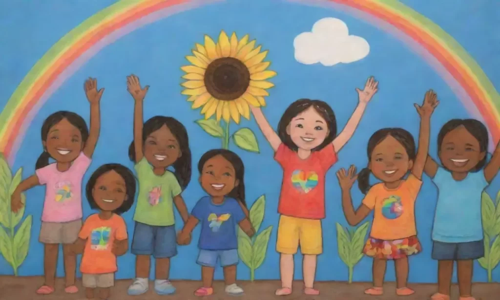 Niños de diferentes culturas se reúnen en un cielo azul con sol y esperanza