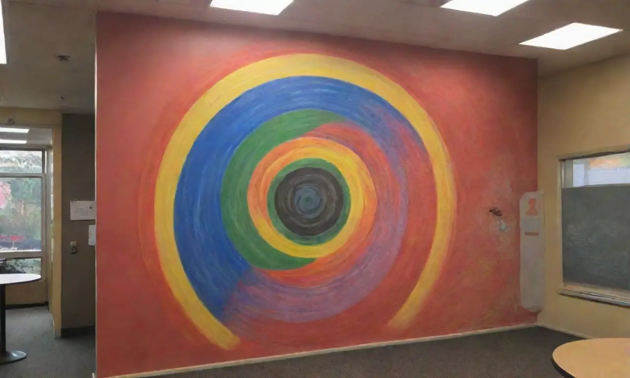 Las imágenes de la gráfica dibujan círculos estiloizados en rojo, amarillo, verde y azul sobre el papel pintado