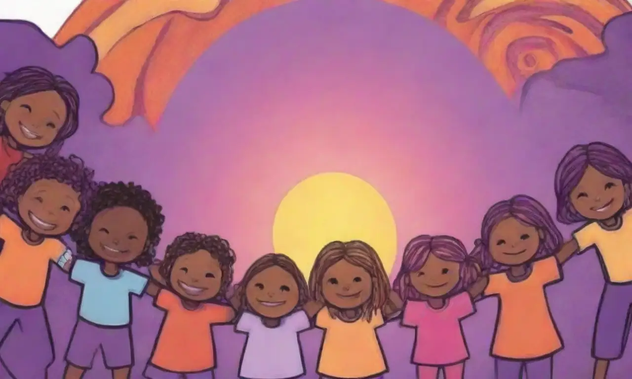 Un amanecer en tonos púrpura se derrama por el lienzo mientras niños de diferentes culturas abrazan
