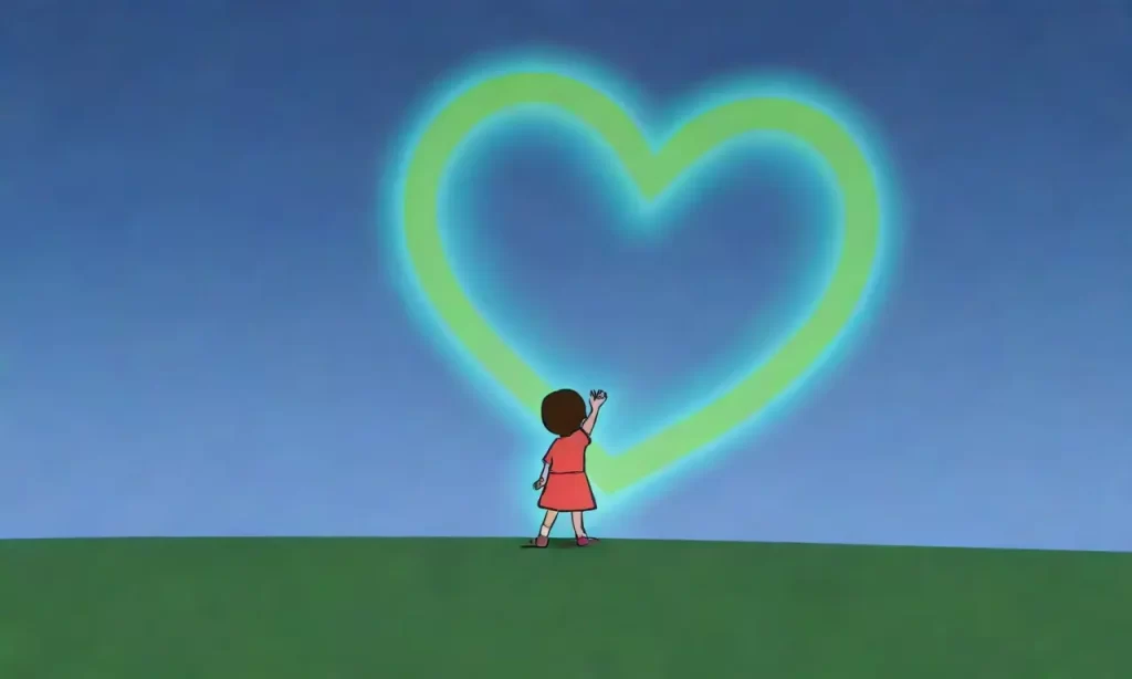 Una fuente moderna ilustra la forma de un niño que busca un corazón brillante
