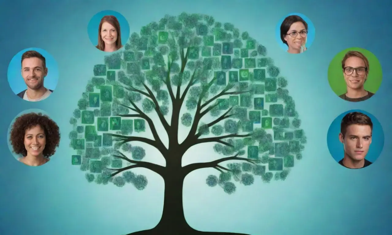 Un árbol con rostro de diversos profesores en fondo azul