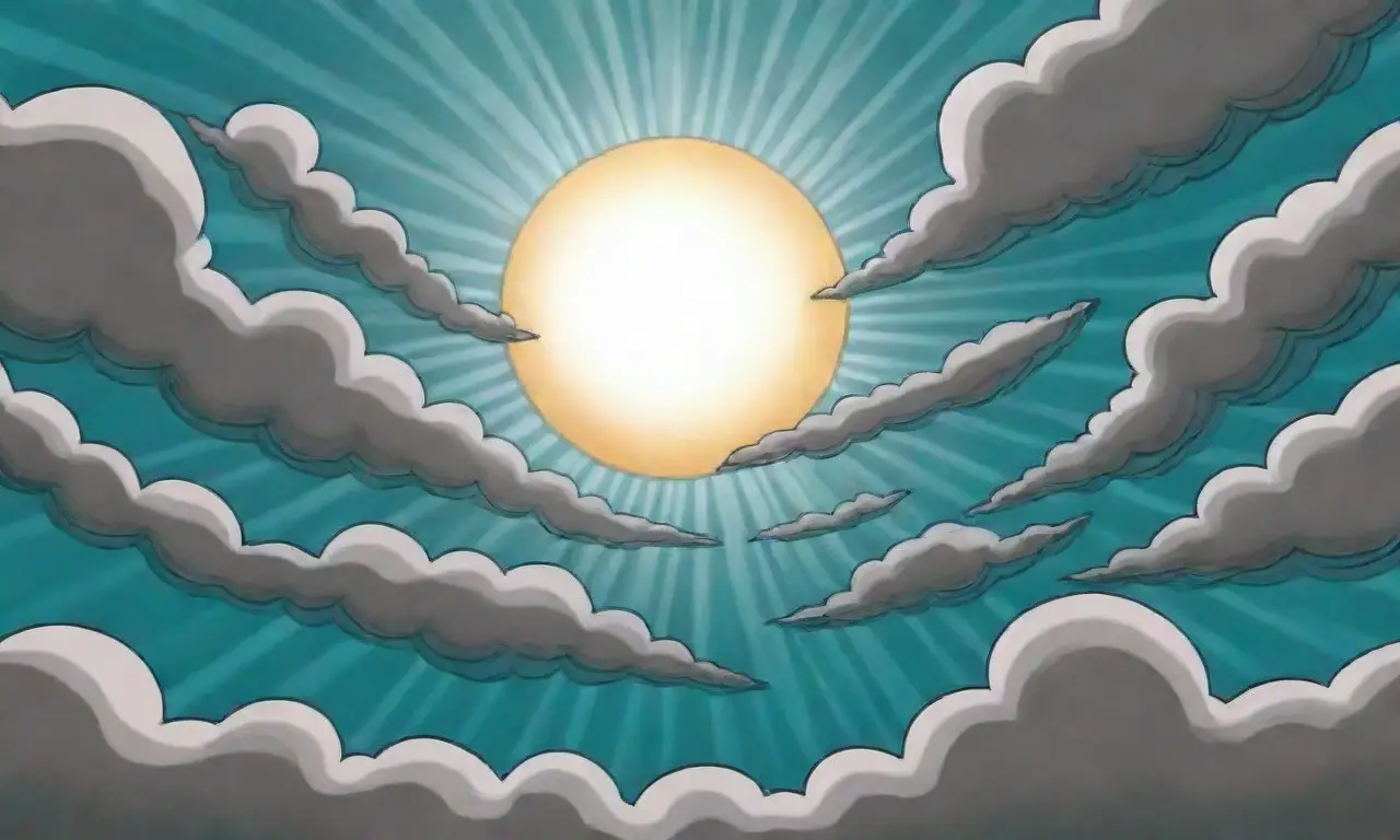Cúmulos abstractos de azul y turquesa se interponen sobre un sol grasiento que rompe a través de las nubes