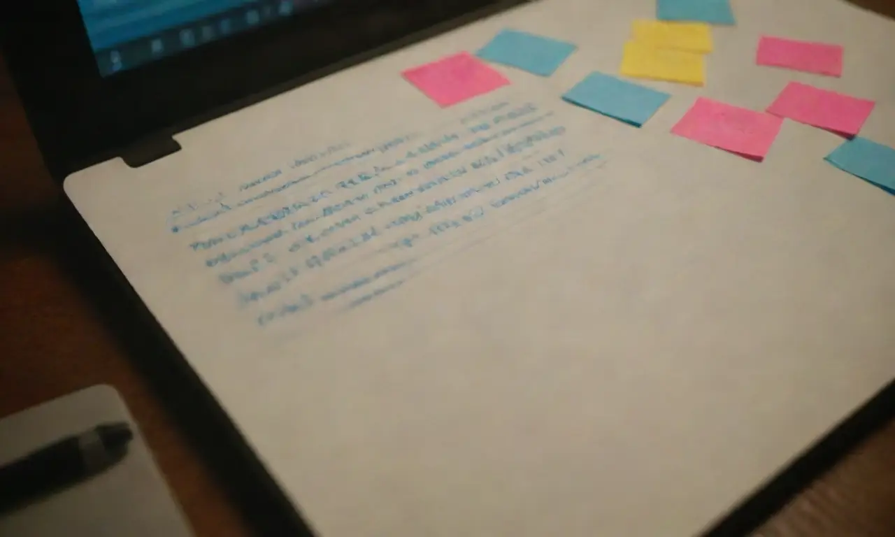 Un portátil muestra notas escritas con un brillo de luz y notas coloridas