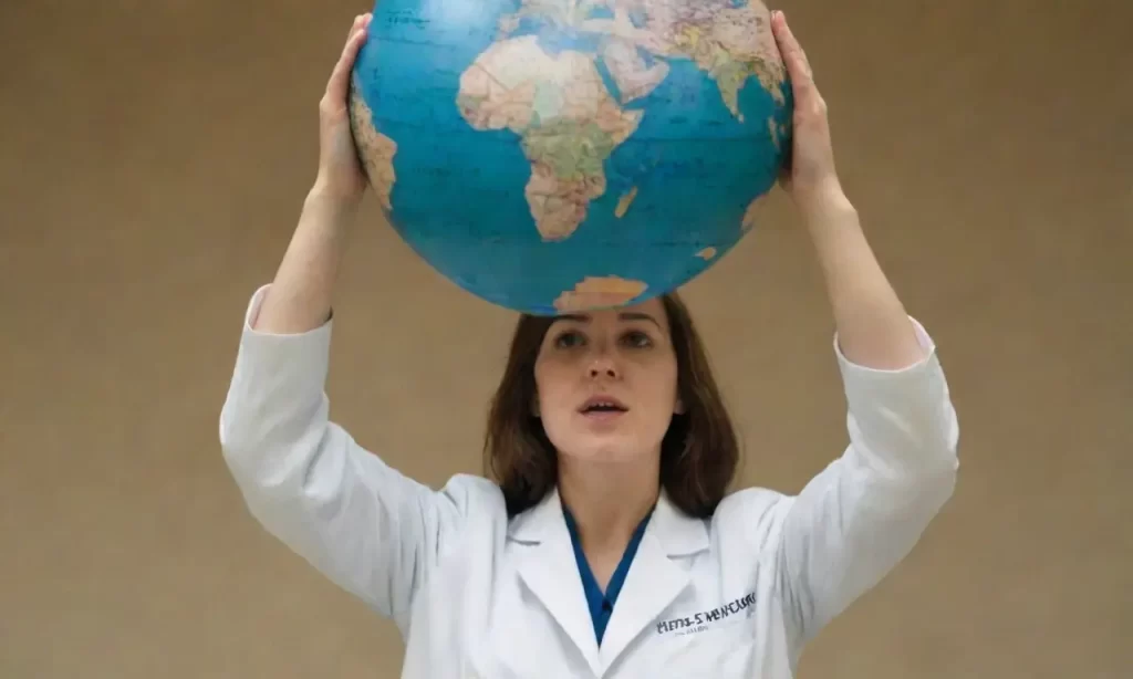 Un profesora con una bata blanca enseña un globo con figuras que surgen de él