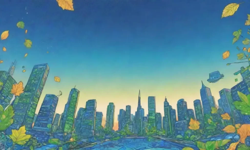 Un cielo azul vibrante se extiende con hojas verdes y dispositivos futuristas que iluminan