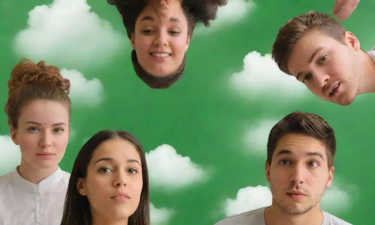 Un arcoíris verde baila con ideas, mientras estudiantes comparten en un cielo blanco