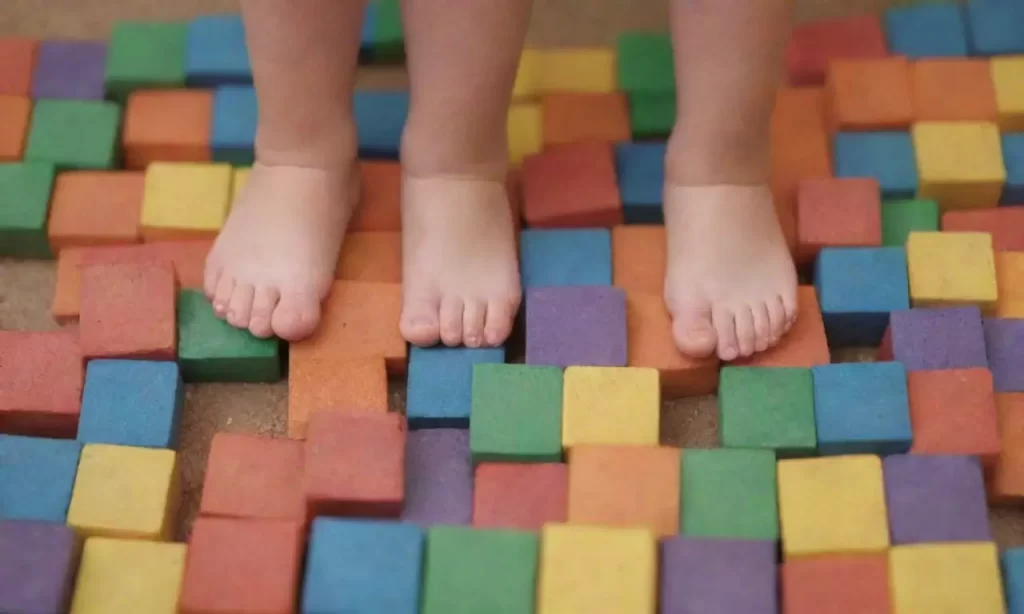 Los pies de los niños felices exploran bloques coloridos con dibujos arcoíris bajo el sol