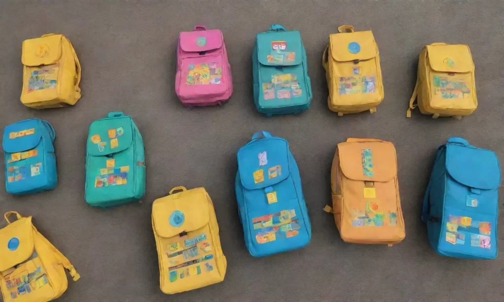 Los mochilas de los niños están llenas de papel reciclado mientras la luz del sol entra por las cortinas
