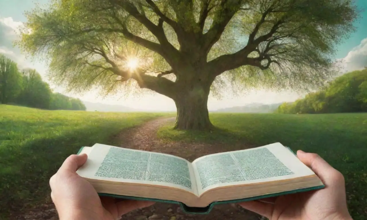 El cielo turquesa con soleadas pinceladas, hojas esculpidas en un árbol, un sendero pavimentado por piedras y una mano sosteniendo un libro abierto