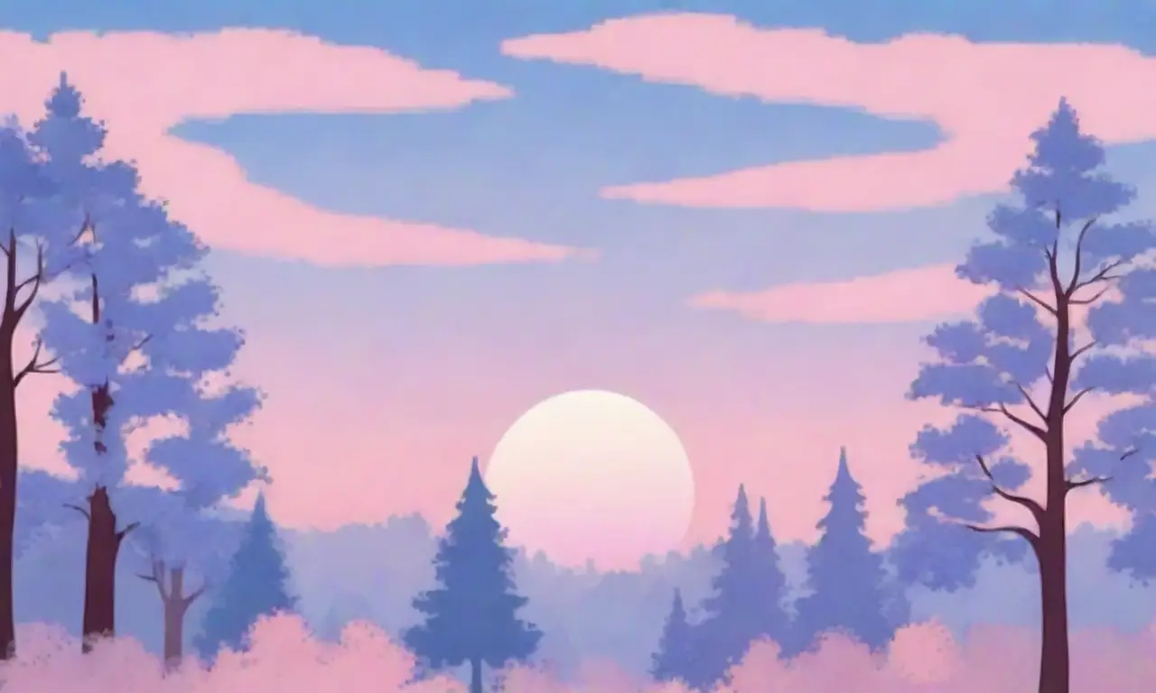Un amanecer sobre un cielo azul apagado, envuelto con vapor rosa y lila, ascenderá lentamente en un bosque de árboles digitalizado bajo un cielo azul cálido