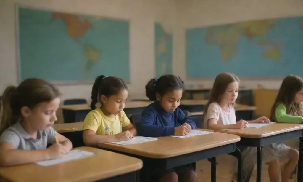 Un aula global con niños explorando el mundo.