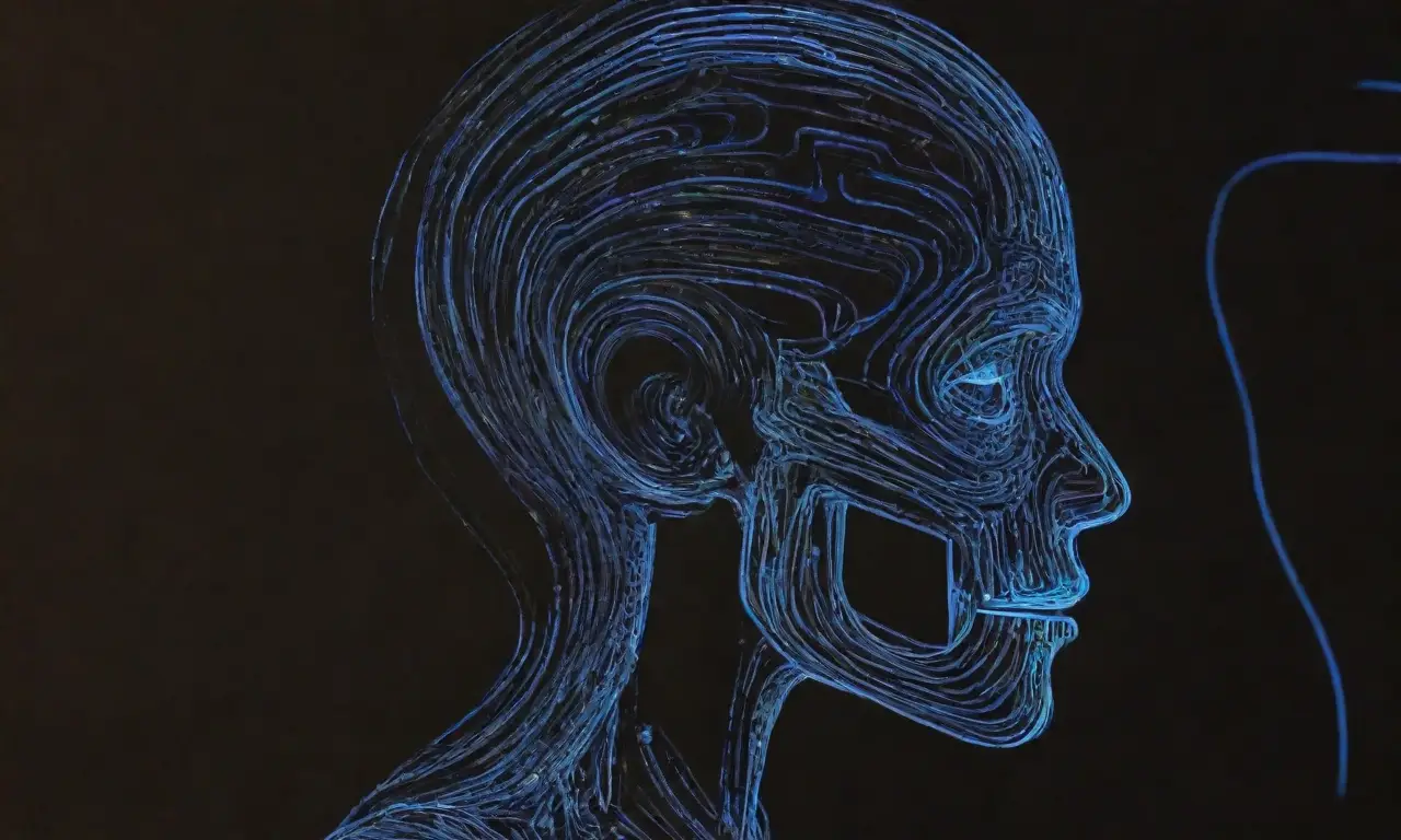 La tecnología futurista se entrelaza con la humanidad en una escena de luces brillantes