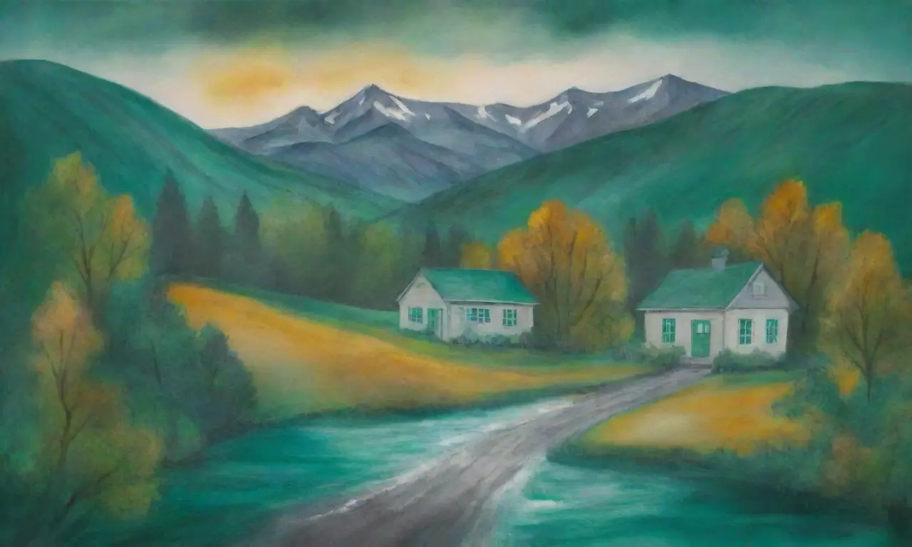 Una pintura abstracta evoca una escena de lluvia y montañas