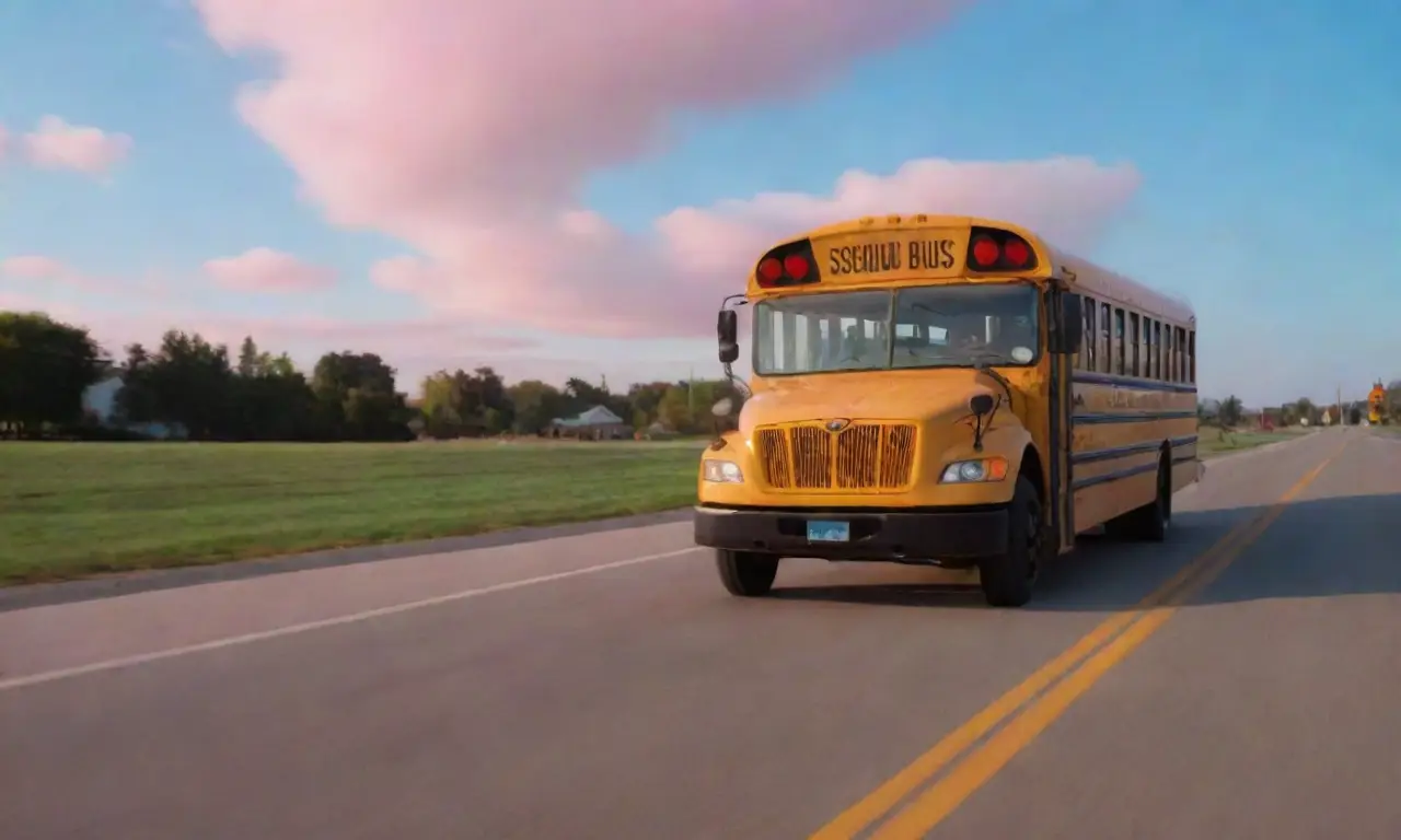 Una escuela de autobús amarillo sale, iluminando rostros infantiles con el sol del amanecer