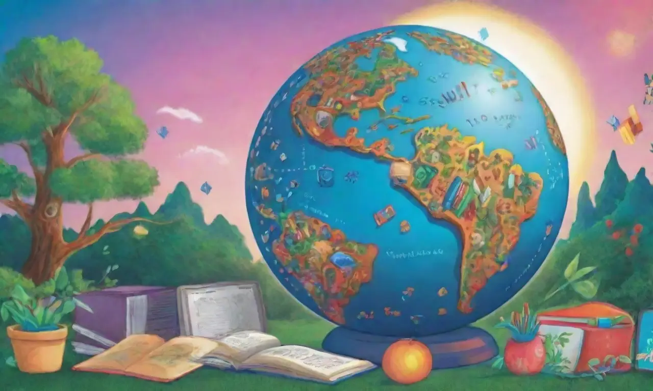 Un globo iluminado con conocimiento resplandeciente se muestra en un atardecer. (A glowing globe illuminated with knowledge shines under an evening sky.)