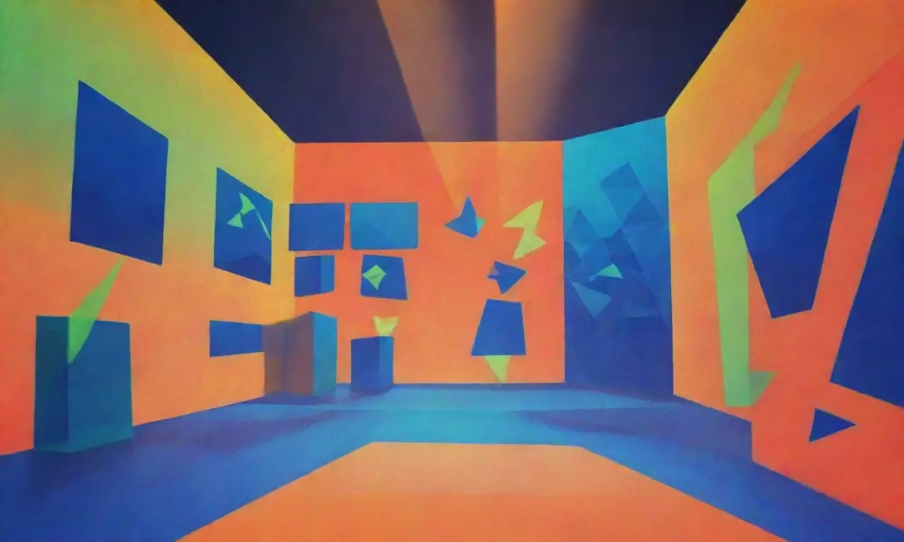 Ángulos azules se funden con naranja, salpicados de triángulos abstractos, con aulas futuristas y luces holográficas