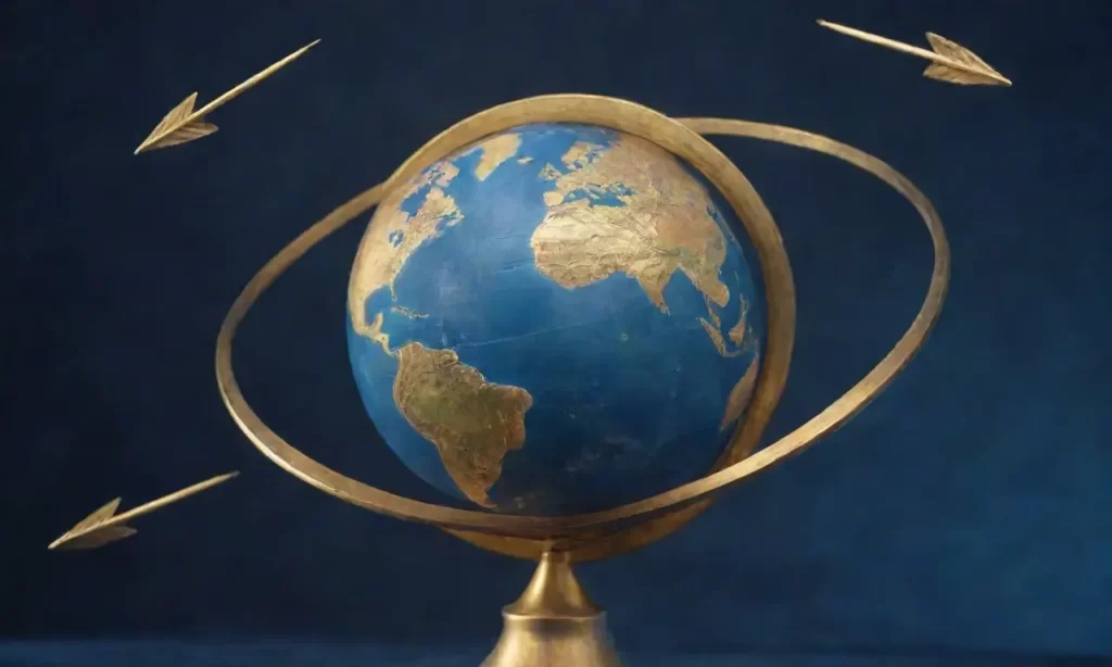 Las flechas doradas giran alrededor de un globo en un fondo azul oscuro