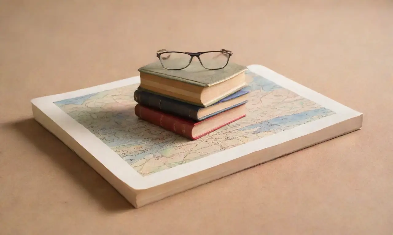 Libros escolares con luz se refleja en miniaturas y mapas