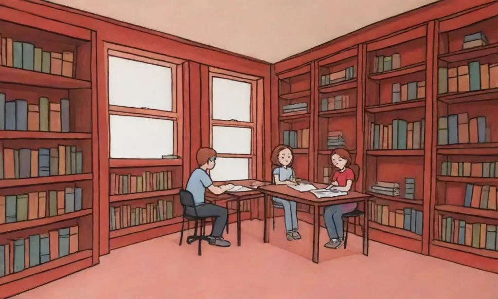 Los estudiantes escriben en la biblioteca. (The students are writing in the library.) Or you could use:**La biblioteca se viste de rojo y polvo.** (The library wears a red and dusty look)Let me know if you would like other options!