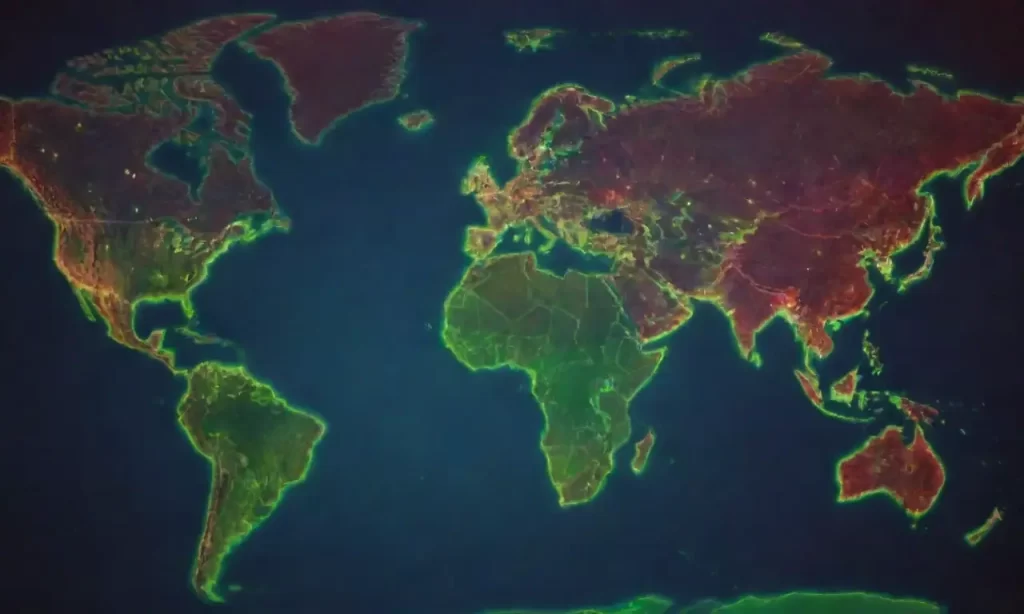 Un mundo vibrante en mapas con neón verde contra un fondo cobalto