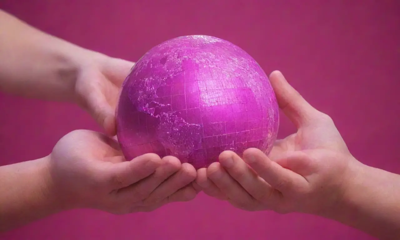 **Un modelo 3D de manos manipulando bloques con un globo holográfico vibrante.**(This translates to: A 3D model of hands manipulating blocks with a shimmering holographic globe.)This sentence is very concise, focuses on the key elements and avoids unnecessary words