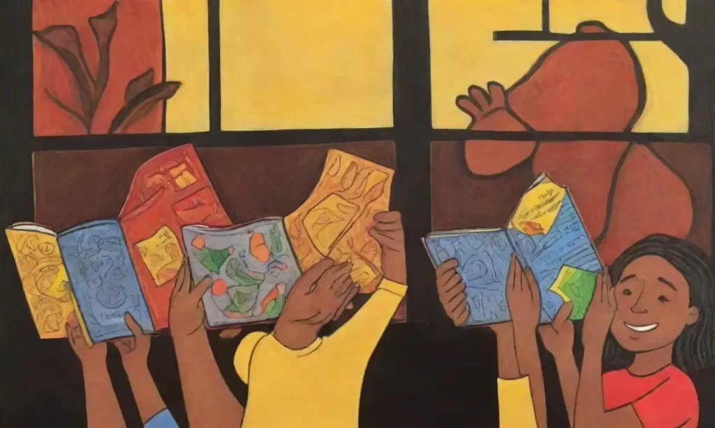Patrones abstractos de amarillo y rojo fluyen sobre un fondo negro con detalles de manos tocándose libros