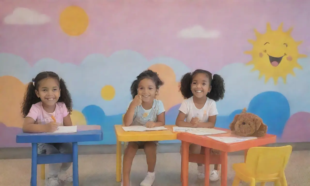 Los niños comparten ideas con risas en mesas coloradas