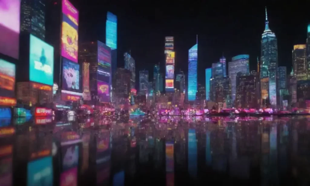 **La ciudad digital brilla con colores y pantallas.** (The digital city shines from colors and broken screens.)