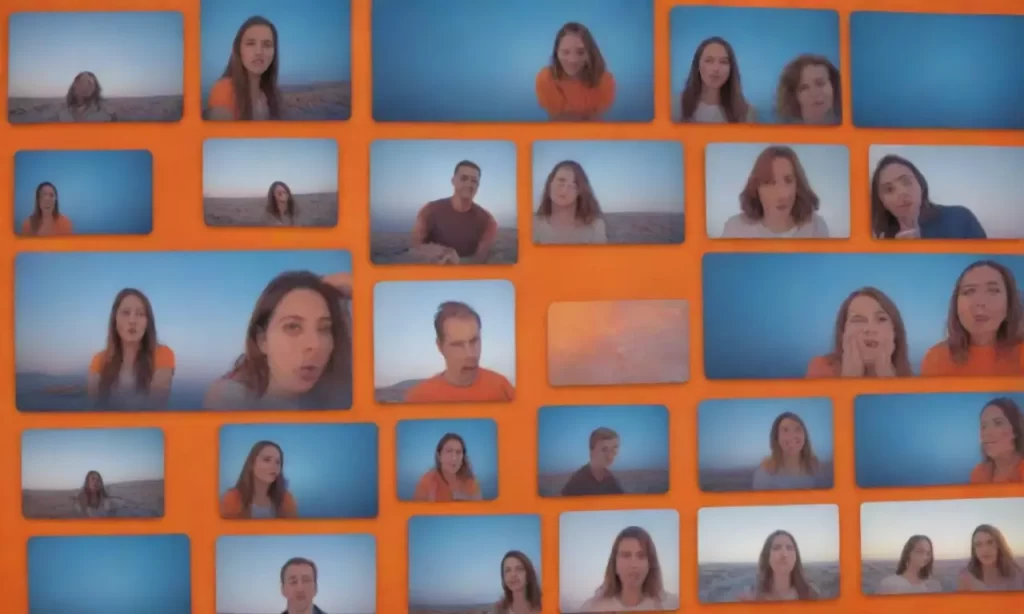 Un fondo azul con líneas naranjas y iconos de video llamadas blancas