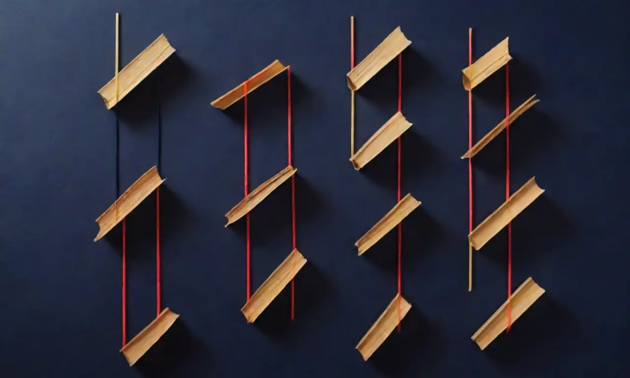 Estancias geométricas de oro sobre un fondo oscuro marino, clip de papel con flechas rojas y líneas translucidas que dibujan cajas de libros en la pared
