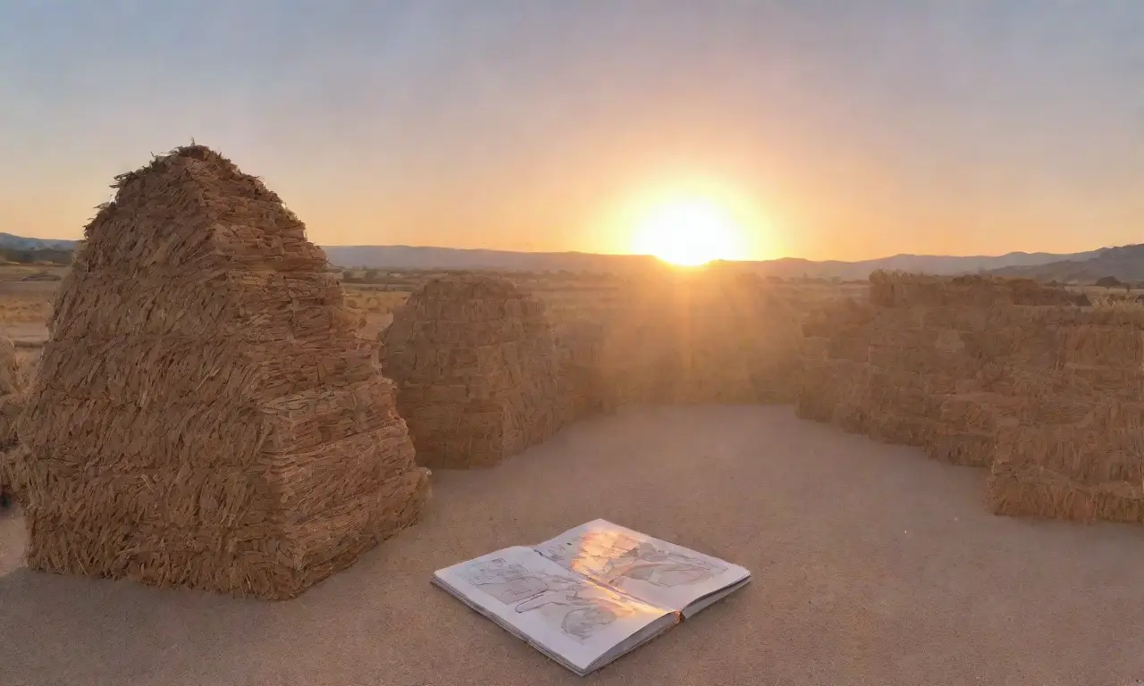 Libros de cartón reciclados rodean el cielo al atardecer y abrigos de papel se adornan con luz solar
