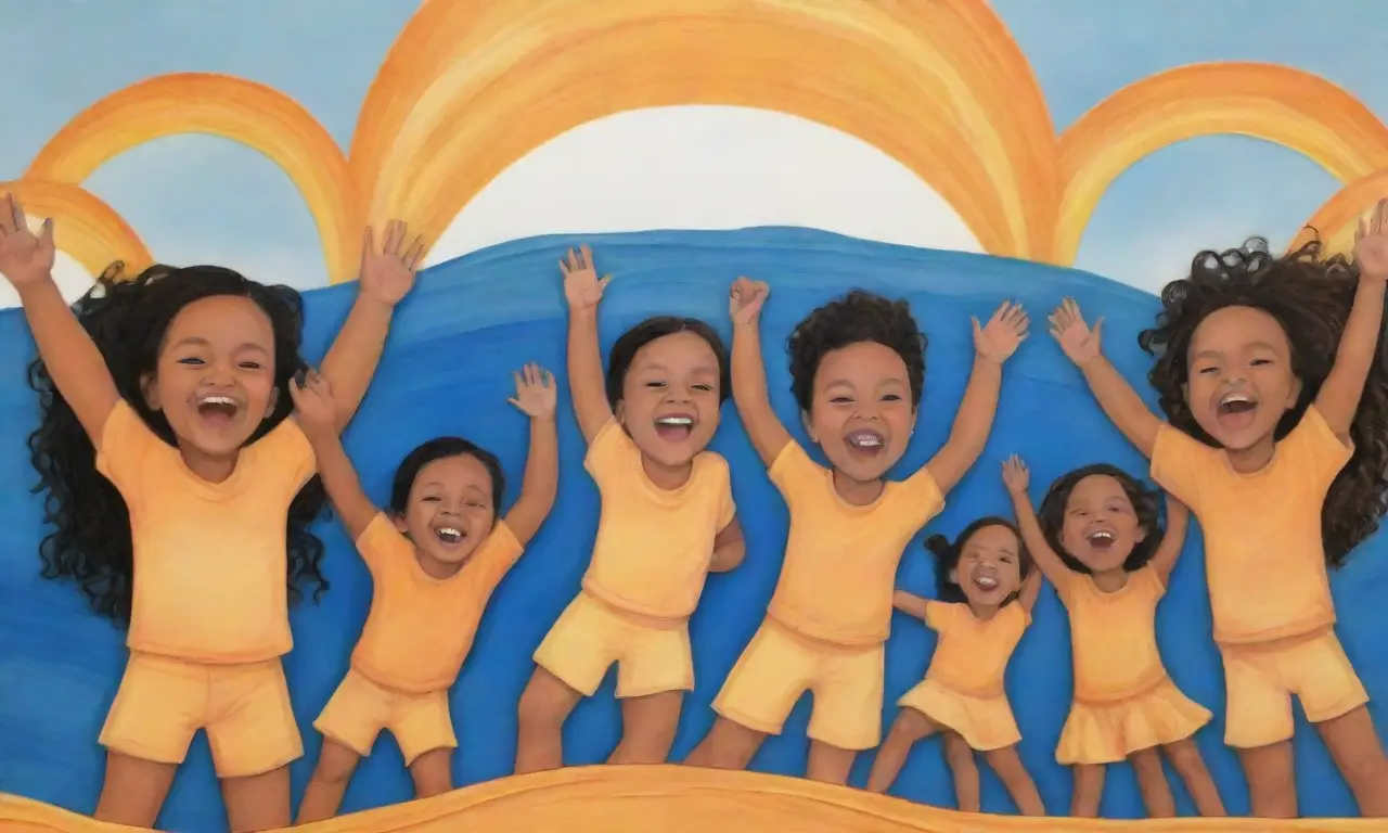 Un cielo de sol naciente baña a niños con colores y risas