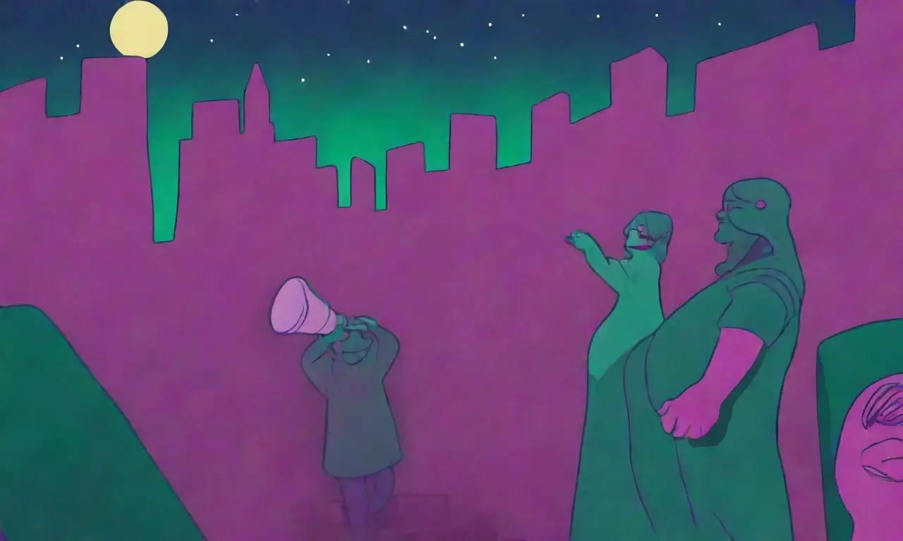 La mano con megáfono, en un lienzo de rostros violeta y magenta, ilumina una escalera al cielo nocturno
