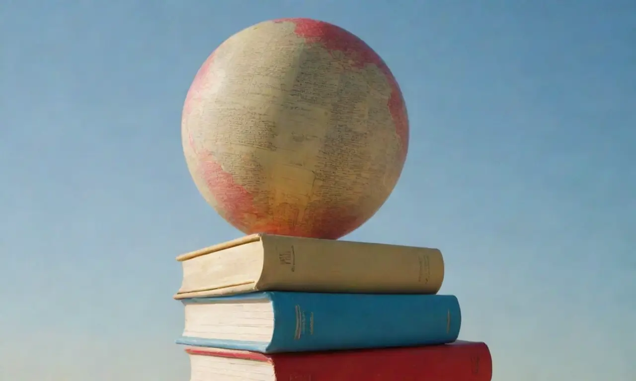 Libros amarillentos rodeaban un cielo azul con un globo rojo en peligro