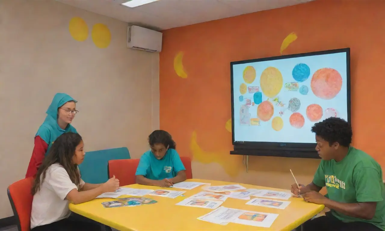 Estudiantes se reúnen con ideas vibrantes en un espacio tranquilo