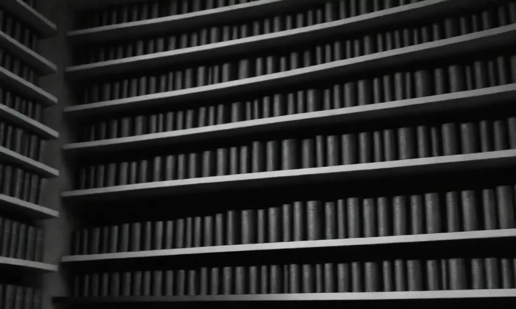 Un libro brilla en el fondo de una biblioteca