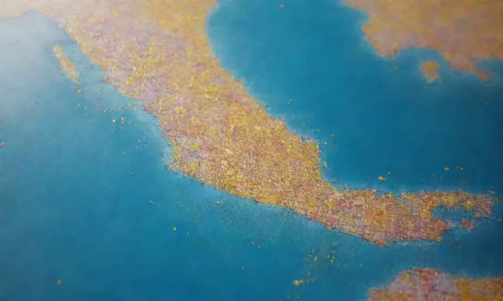 Un sol amarillo intenso ilumina un mapa vintage salpicado con confeti que se funde en un mar de azul vibrante
